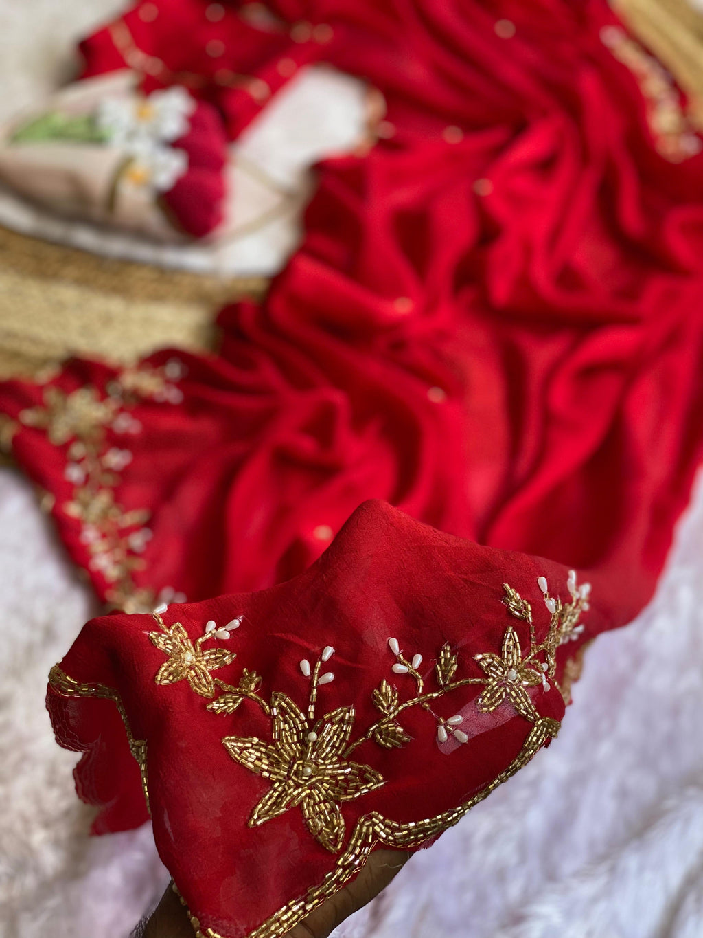 Floral Handwork Silk Saree with Gold Zari Border