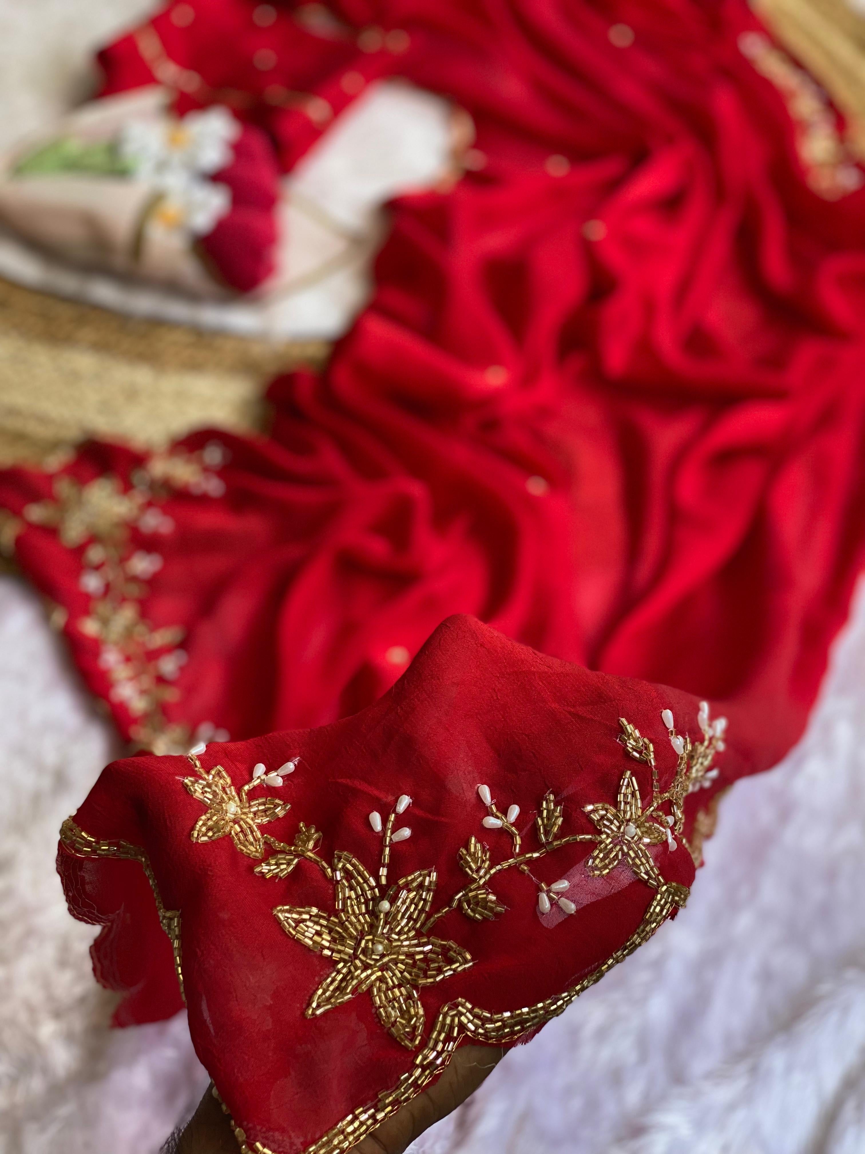 Floral Handwork Silk Saree with Gold Zari Border