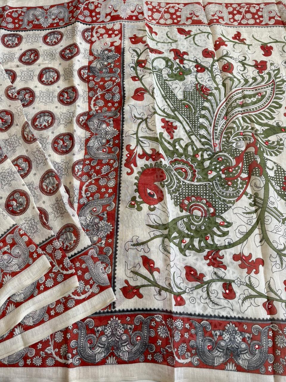 Soft linen kalamkari printed saree with aari mirror work and Taseels.