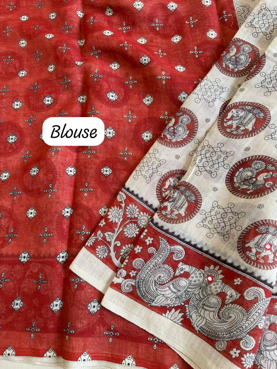Soft linen kalamkari printed saree with aari mirror work and Taseels.