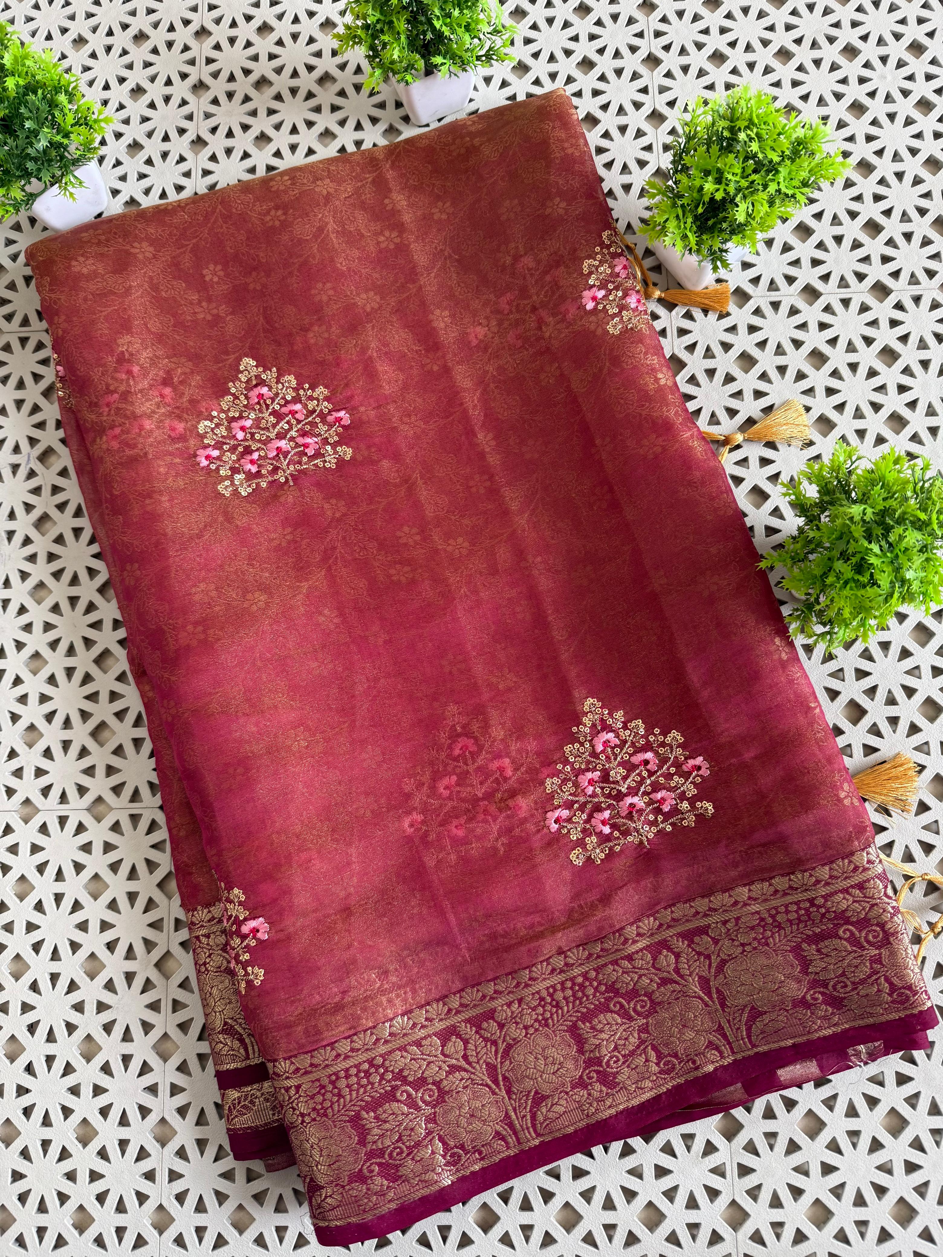 Pure Fancy Fabric TwoTone shade Saree With Self Weaving Design