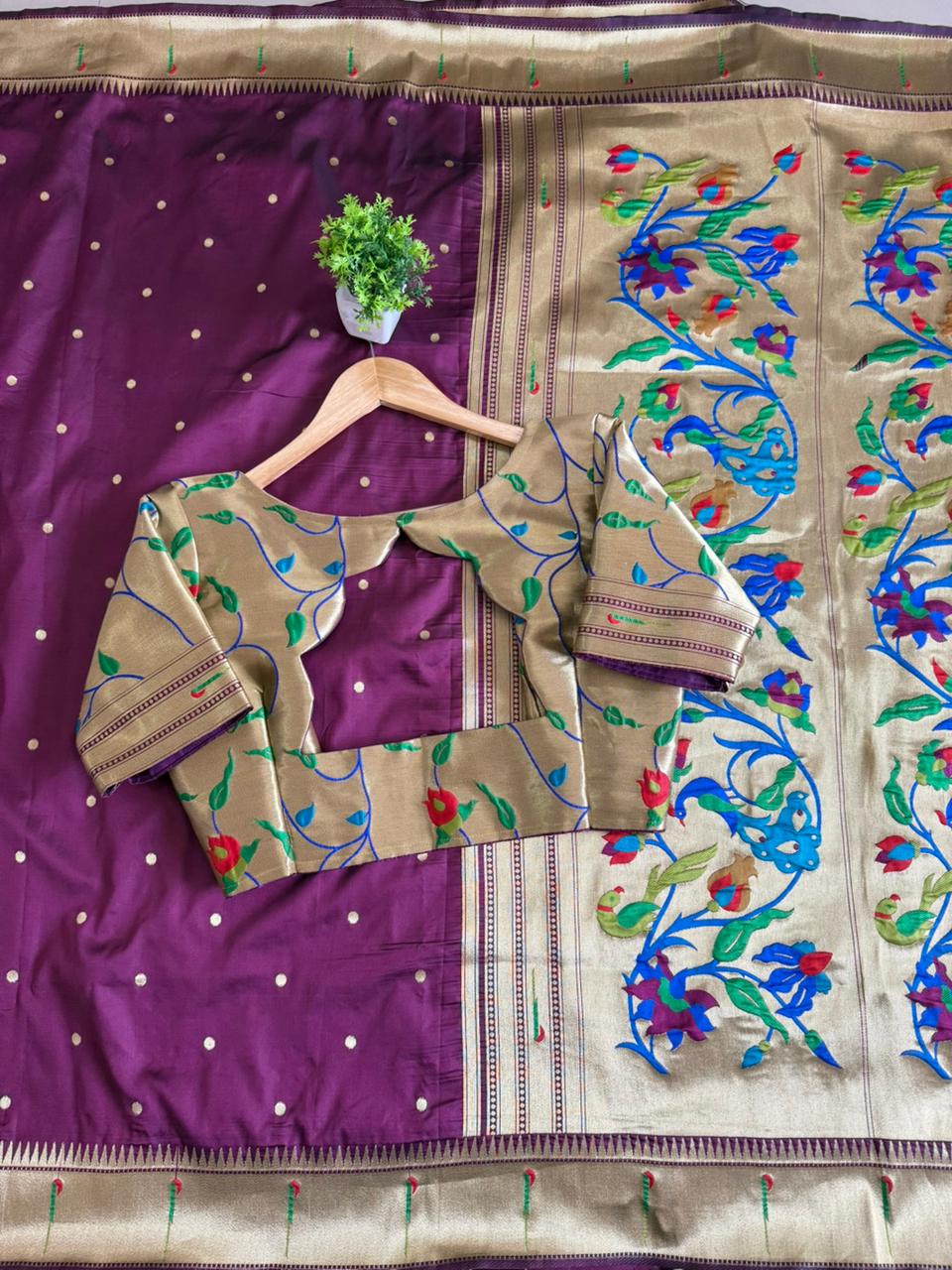 Premium paithani Silk Saree with weaving motifs on all over the saree