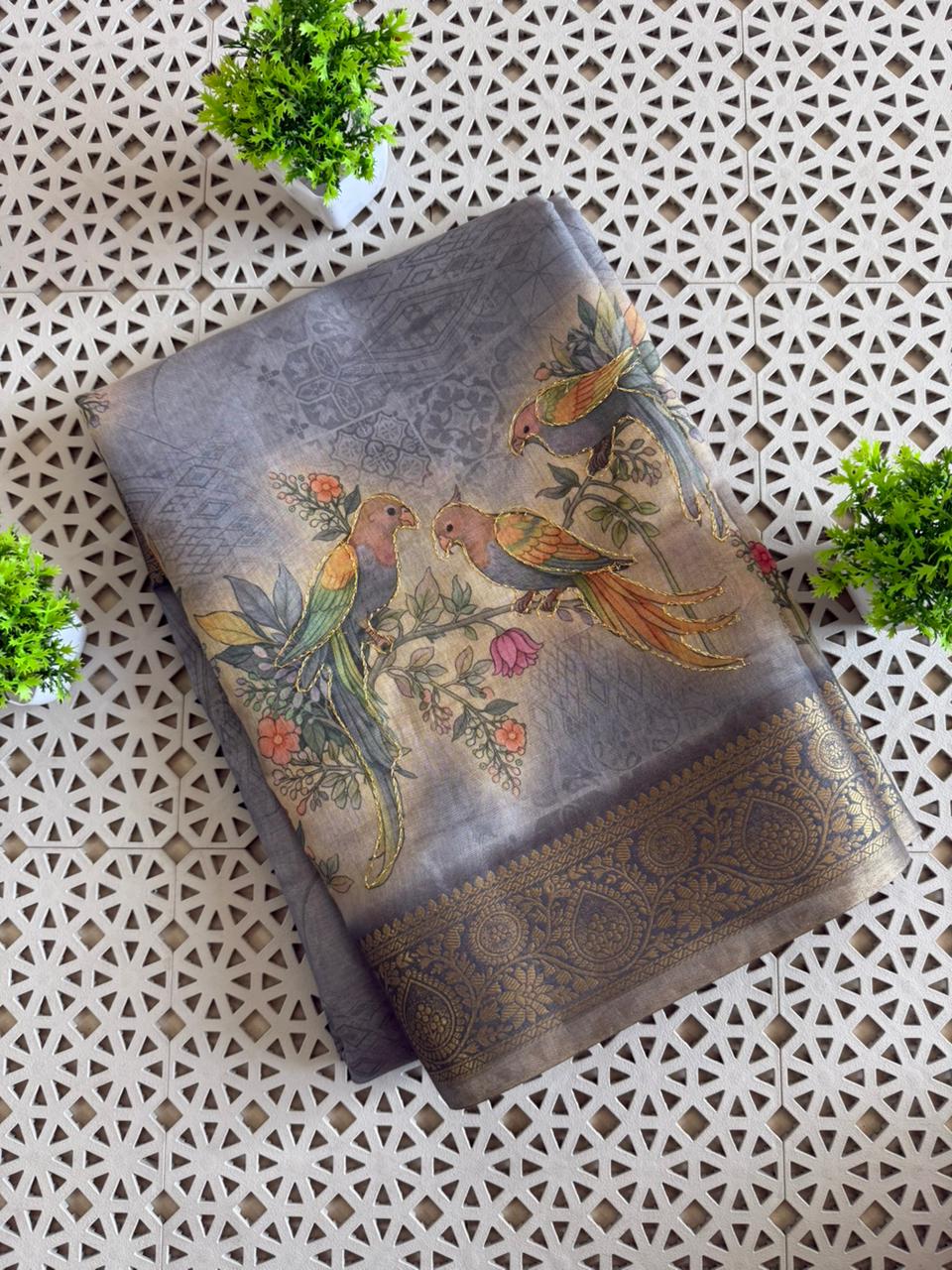 Tissue Linen Silk saree with Printed running blouse
