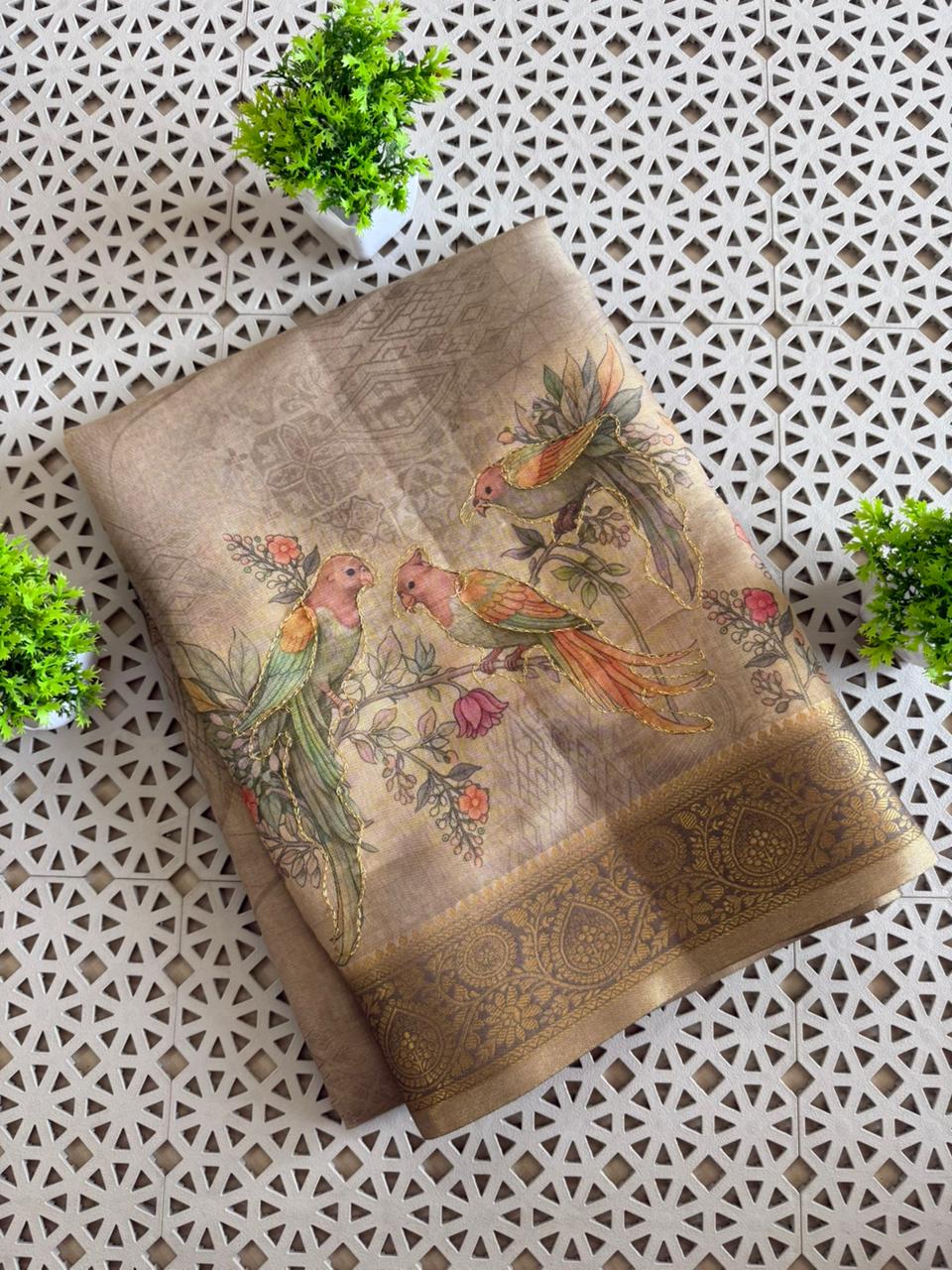 Tissue Linen Silk saree with Printed running blouse