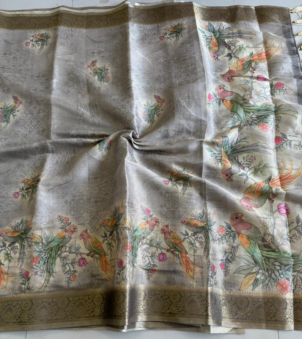 Tissue Linen Silk saree with Printed running blouse