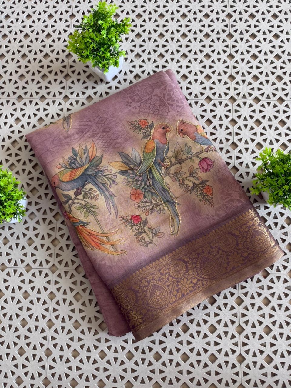 Tissue Linen Silk saree with Printed running blouse