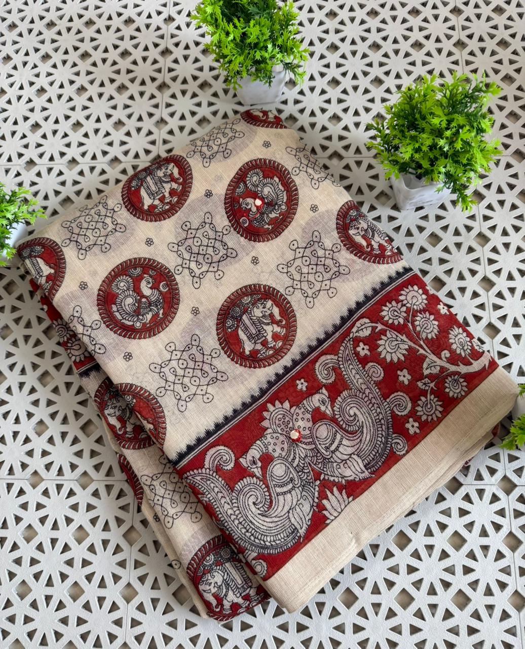 Soft linen kalamkari printed saree with aari mirror work and Taseels.