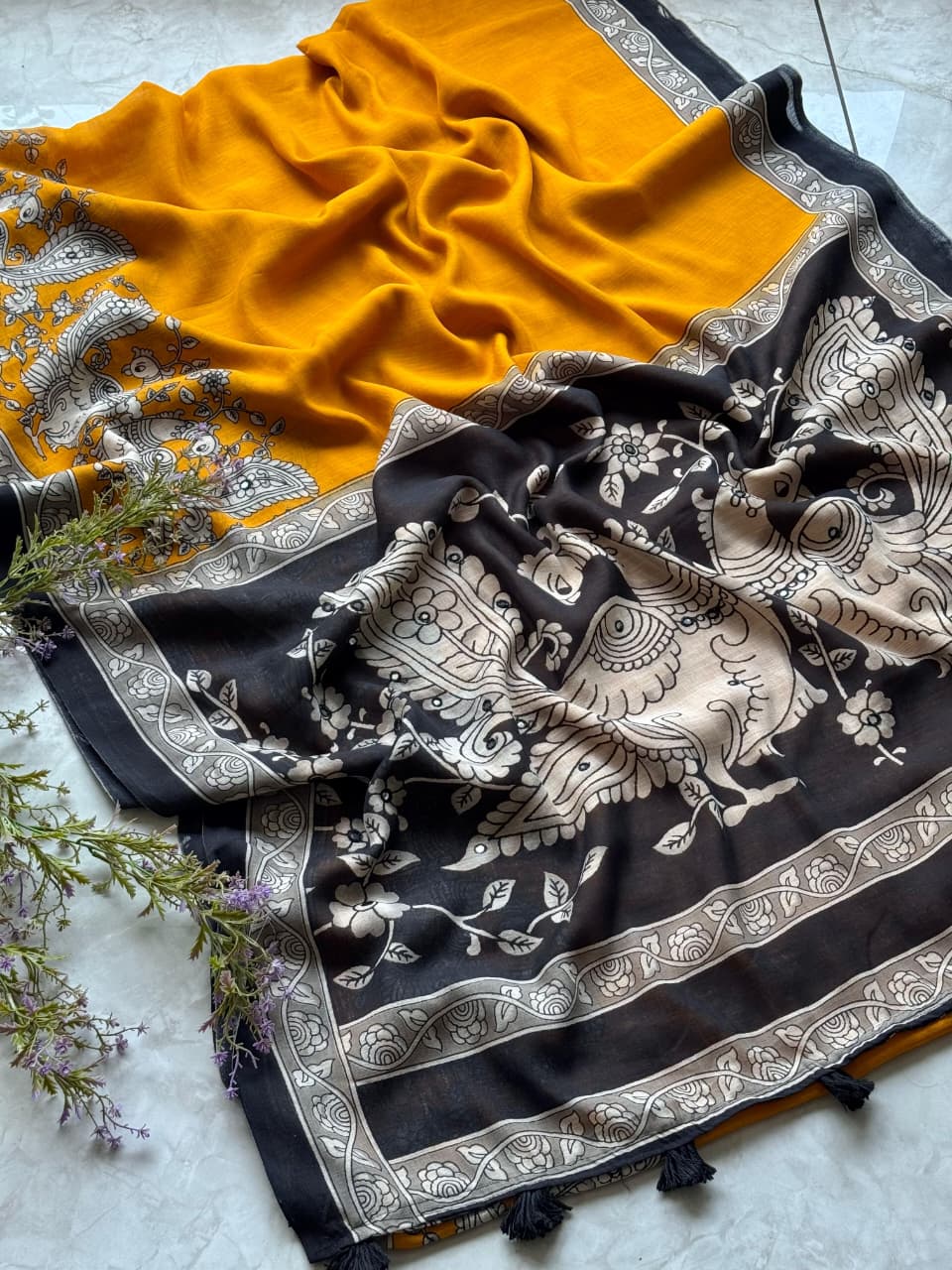 Beautiful Kalamkari printed pure linen saree