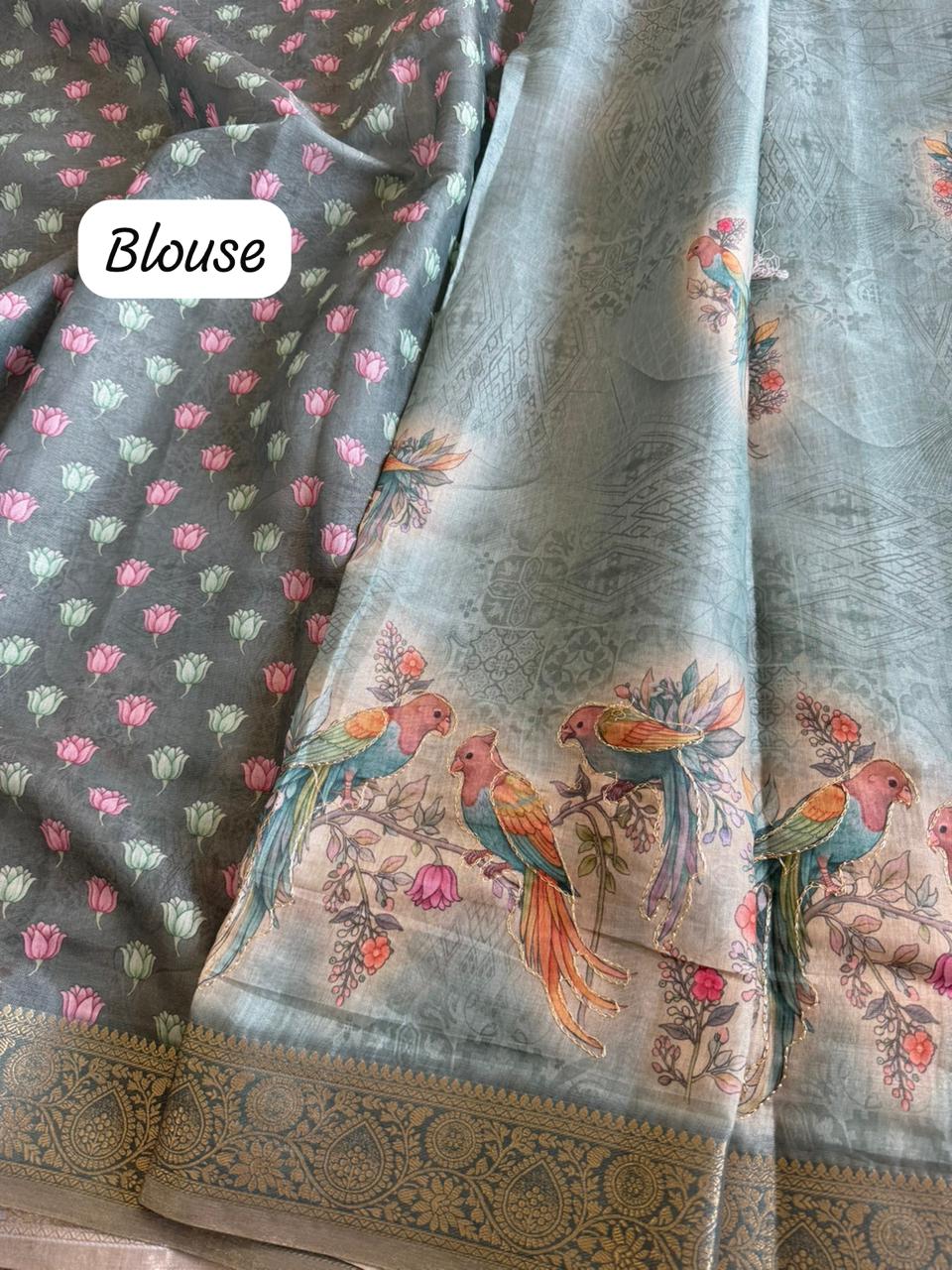 Tissue Linen Silk saree with Printed running blouse