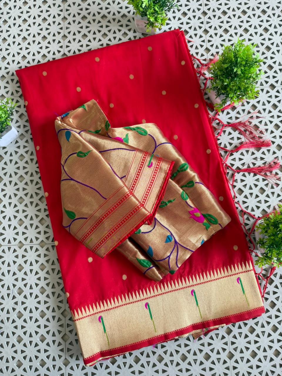 Premium paithani Silk Saree with weaving motifs on all over the saree