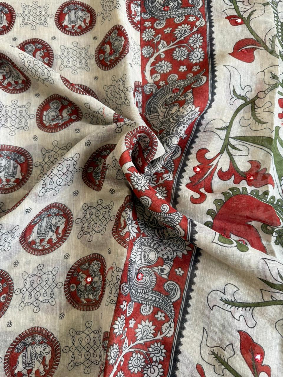 Soft linen kalamkari printed saree with aari mirror work and Taseels.