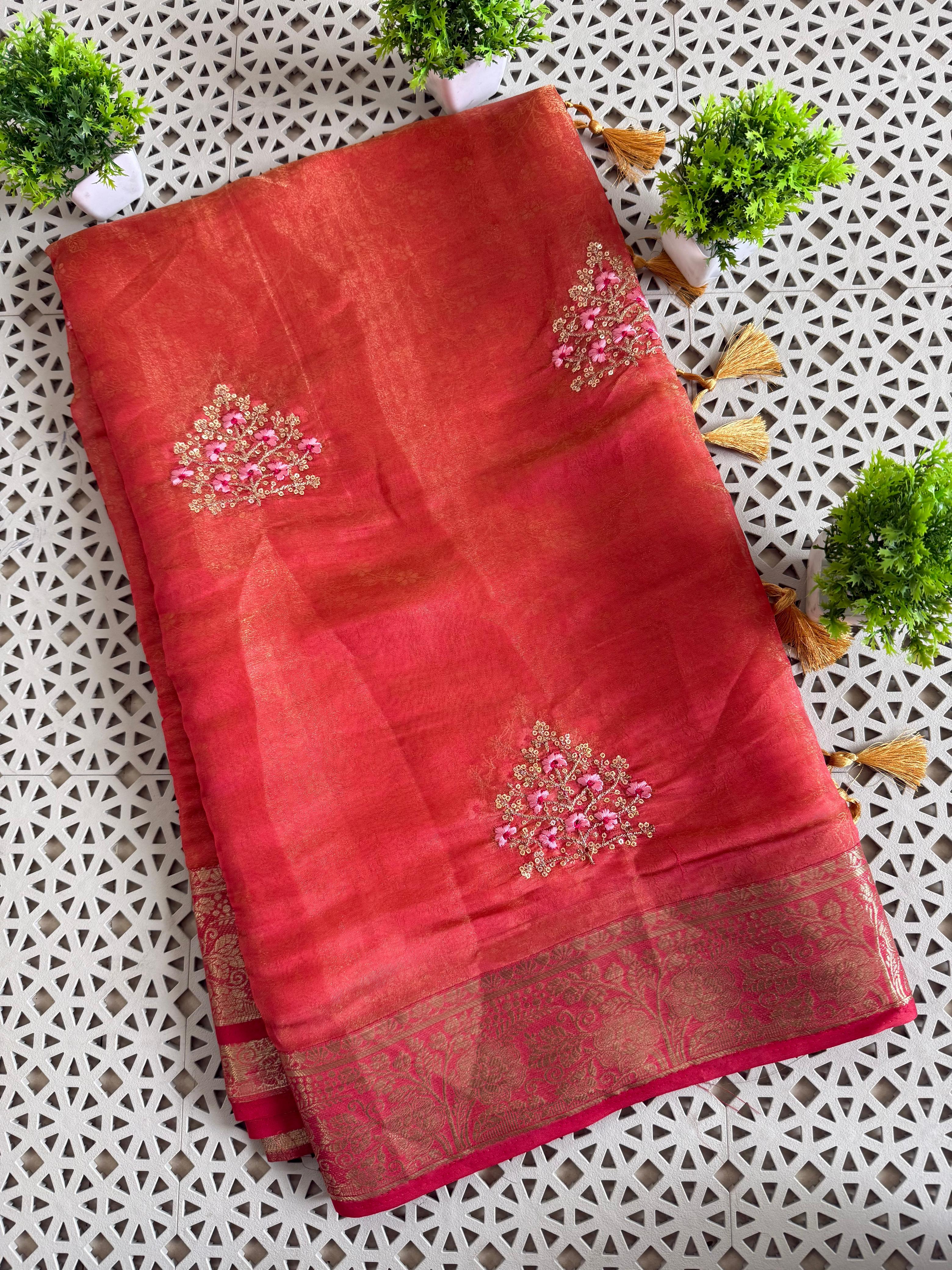 Pure Fancy Fabric TwoTone shade Saree With Self Weaving Design
