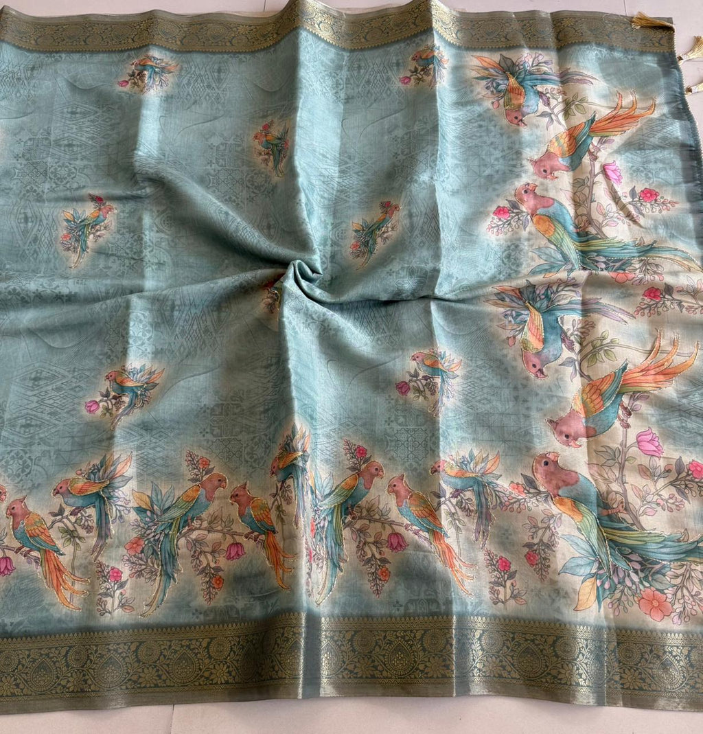 Tissue Linen Silk saree with Printed running blouse