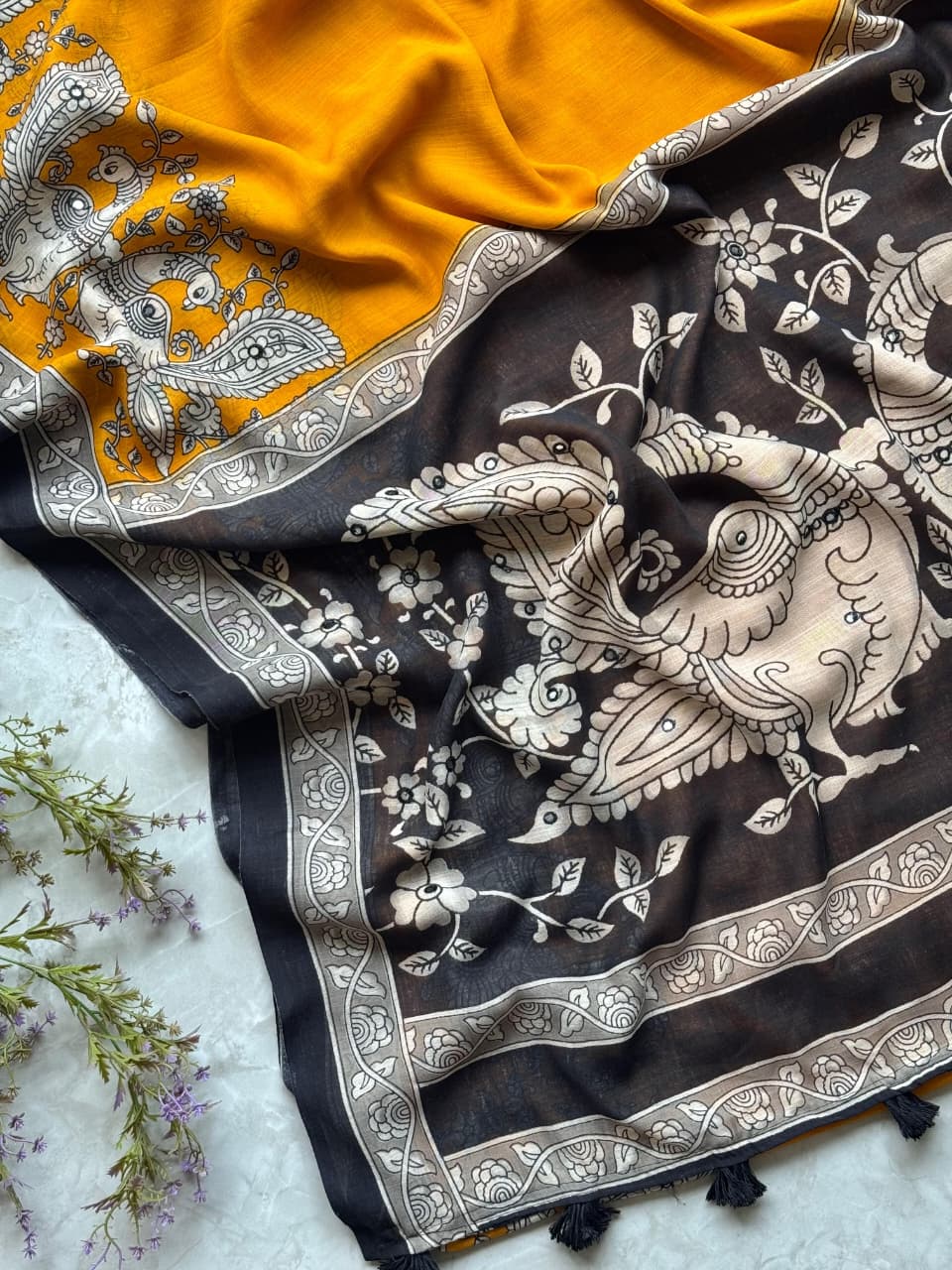 Beautiful Kalamkari printed pure linen saree