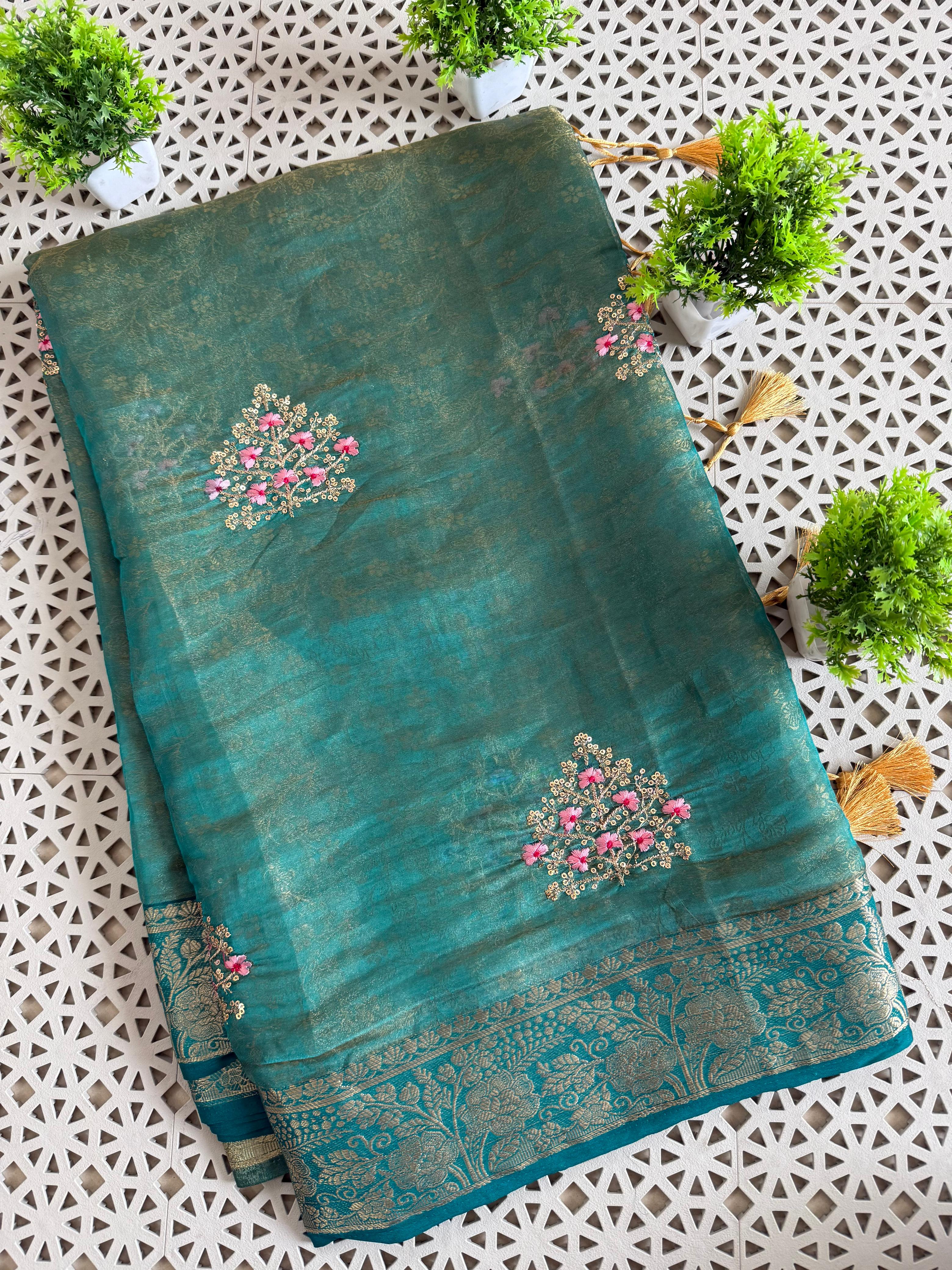 Pure Fancy Fabric TwoTone shade Saree With Self Weaving Design